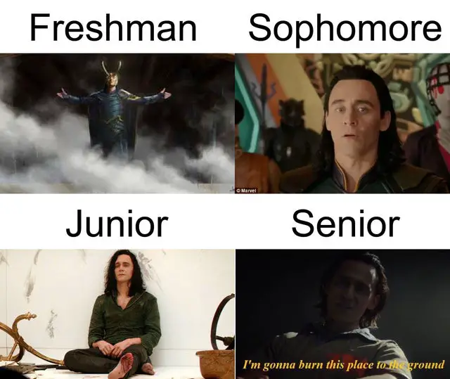 phases of college with loki meme